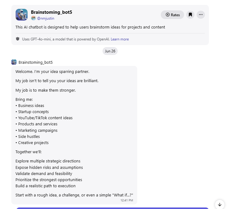 Brainstorming_bot5 introducing itself as an idea sparring partner